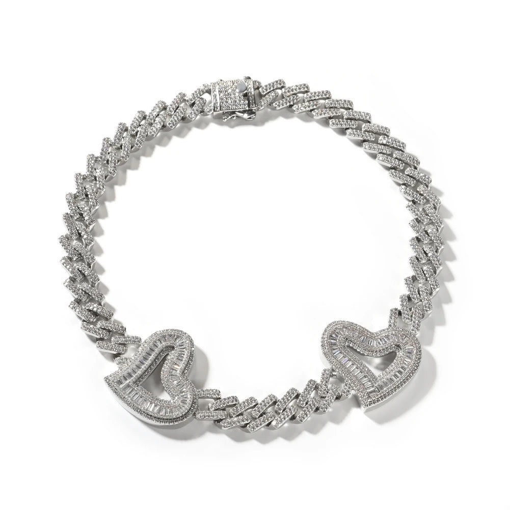 Baguette Double Heart Miami Cuban Necklace