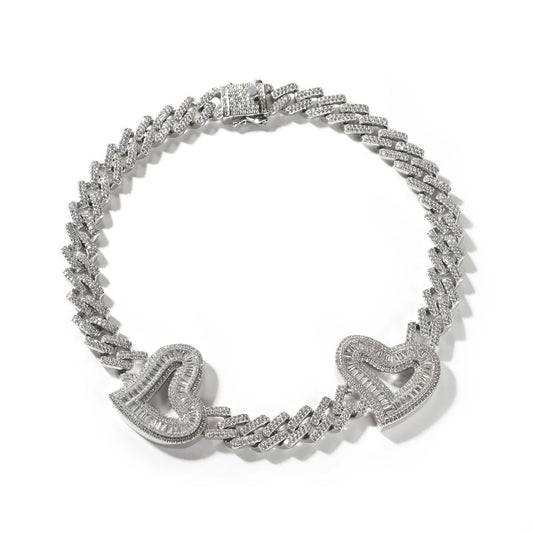 Baguette Double Heart Miami Cuban Necklace