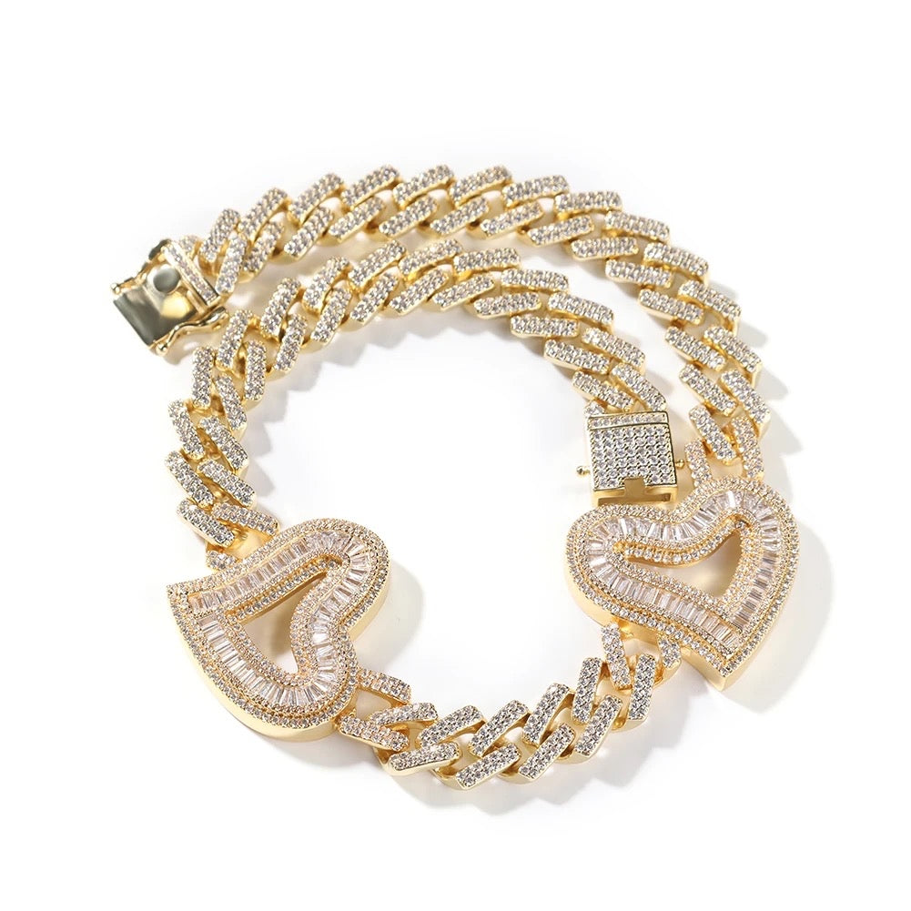 Baguette Double Heart Miami Cuban Necklace