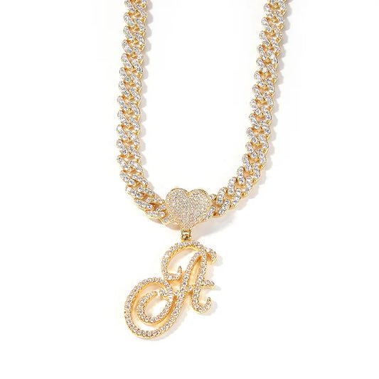 Heart Cursive Initial Cuban Necklace